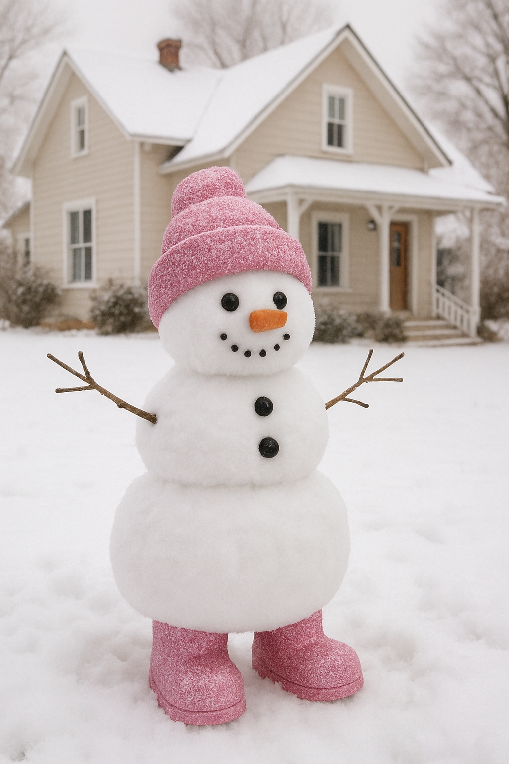 Charming Pink Attired Snowman in Winter Landscape Photograph Art