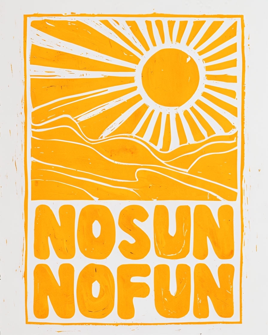 Bold Abstract Linocut Sun Design with NOSUN NOFUN Poster