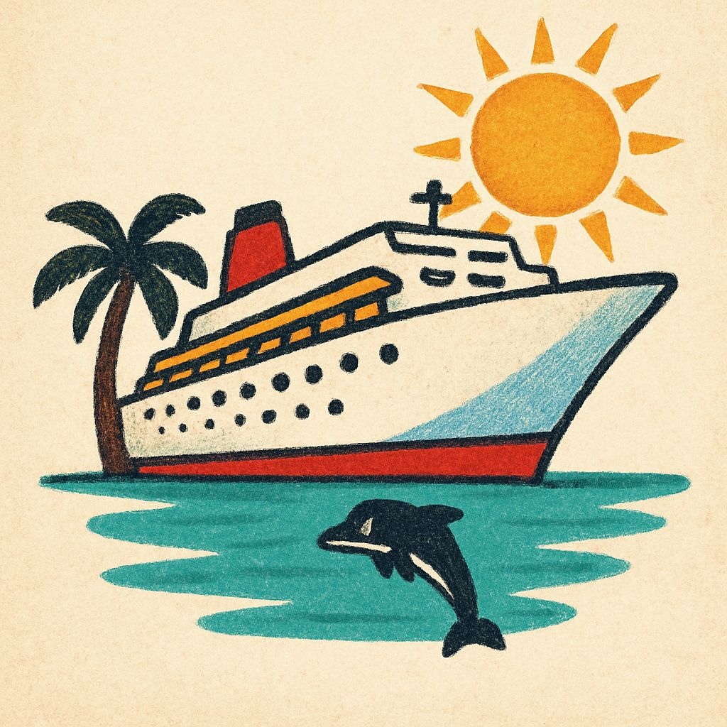 Vintage Cruise Ship and Dolphin Tropical Illustration T-Shirt