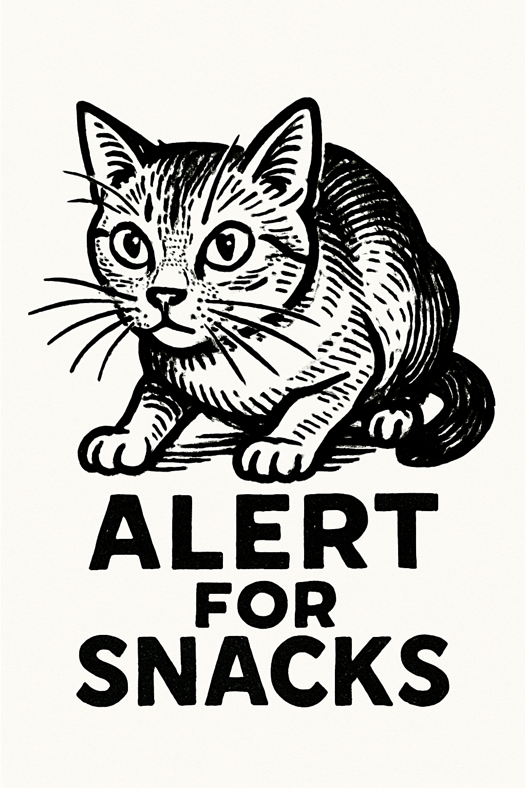 Crouching Cat Illustration with Alert for Snacks Text T-Shirt