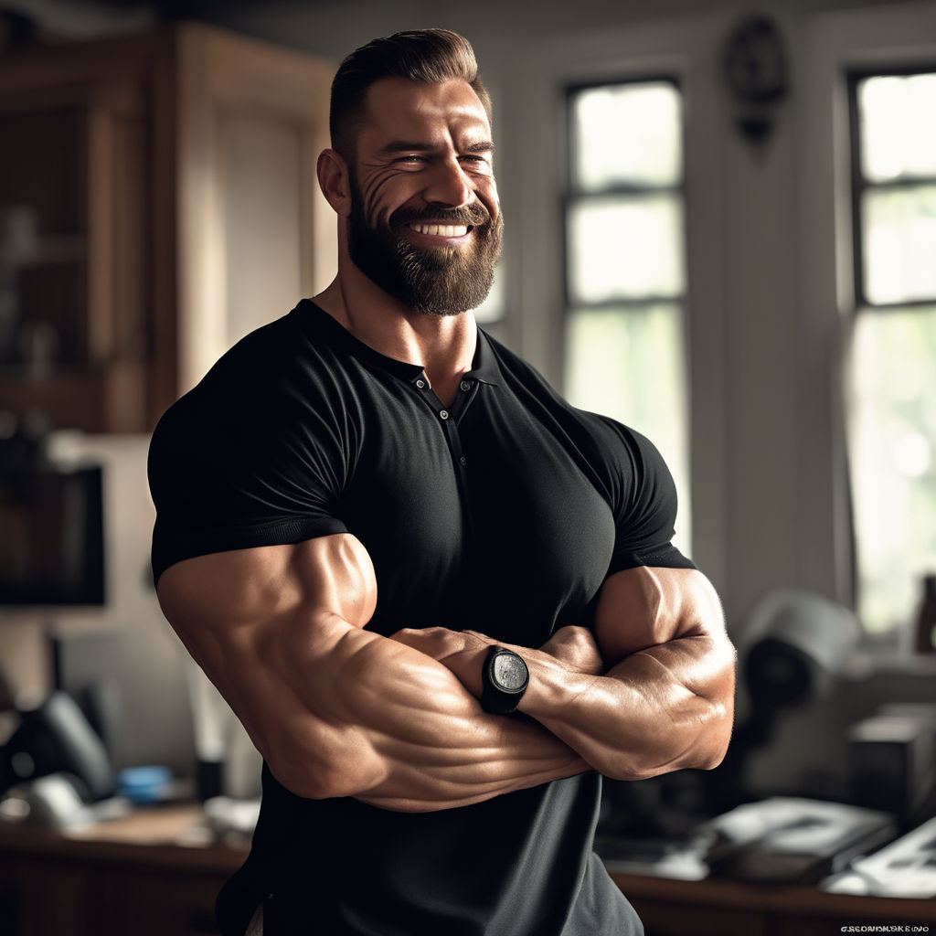 A tall giant hairy colossal oversized hyper-muscular bodybuilder  construction foreman muscledad with oversized biceps. smiling