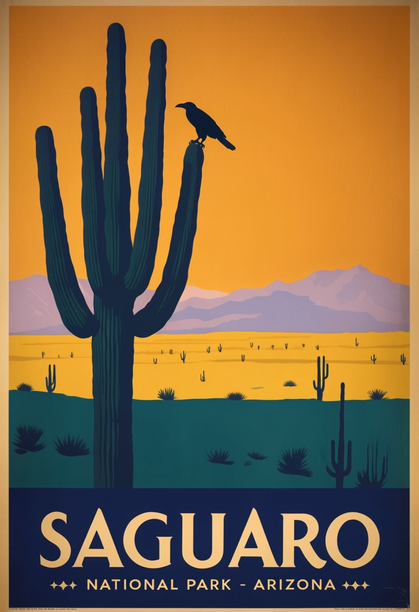 Vintage Saguaro National Park Travel Poster Art in Bold Colors