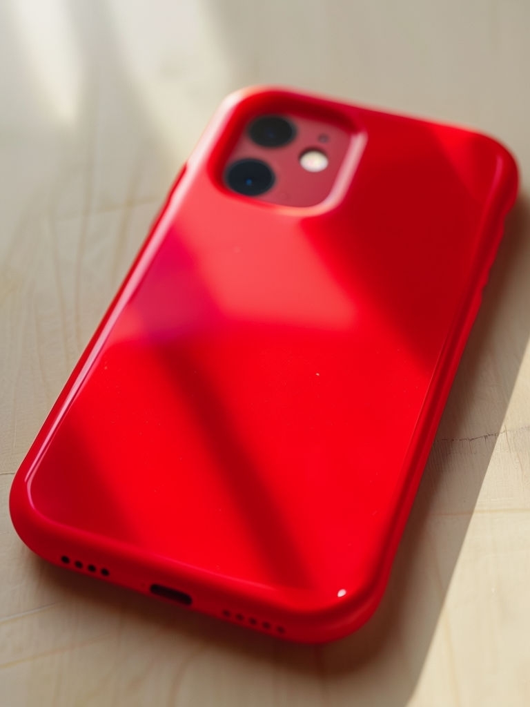 Vibrant Red Smartphone Case Mockup on Wooden Surface