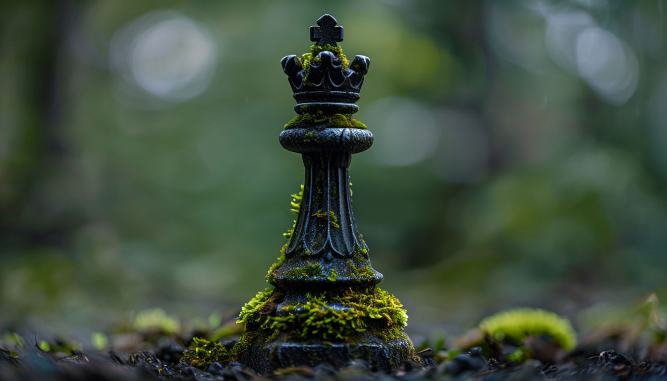 Aged Black Metal Chess Piece Surrounded by Vibrant Green Moss Virtual Backgrounds