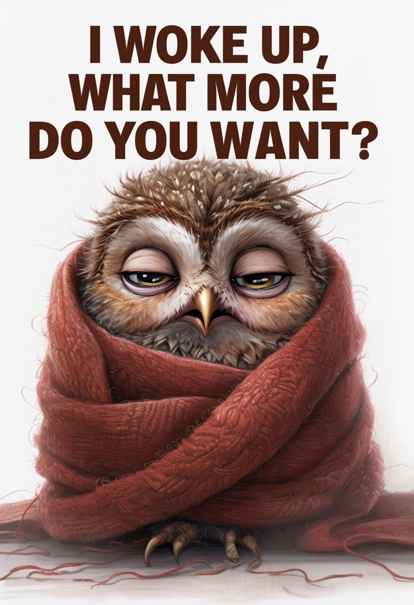 Exhausted Owl in Cozy Red Scarf with Funny Quote Sticker