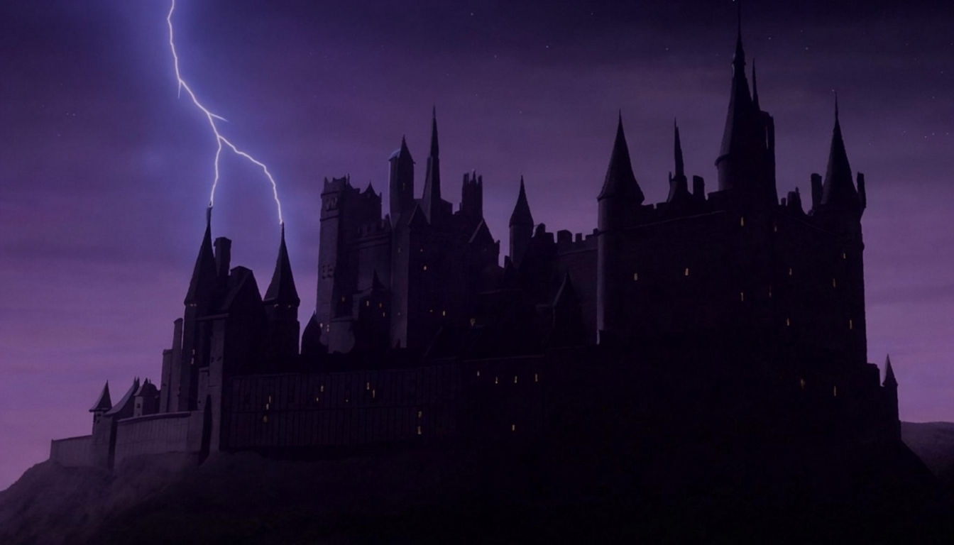 Ominous Medieval Castle Night Scene with Lightning Virtual Background