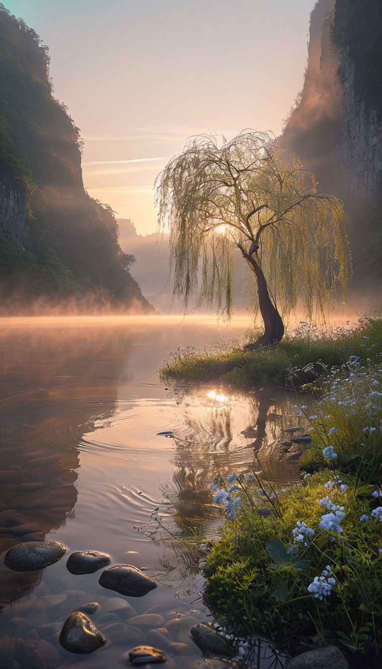 Misty Lake Sunrise with Willow Tree and Wildflowers Photograph Art