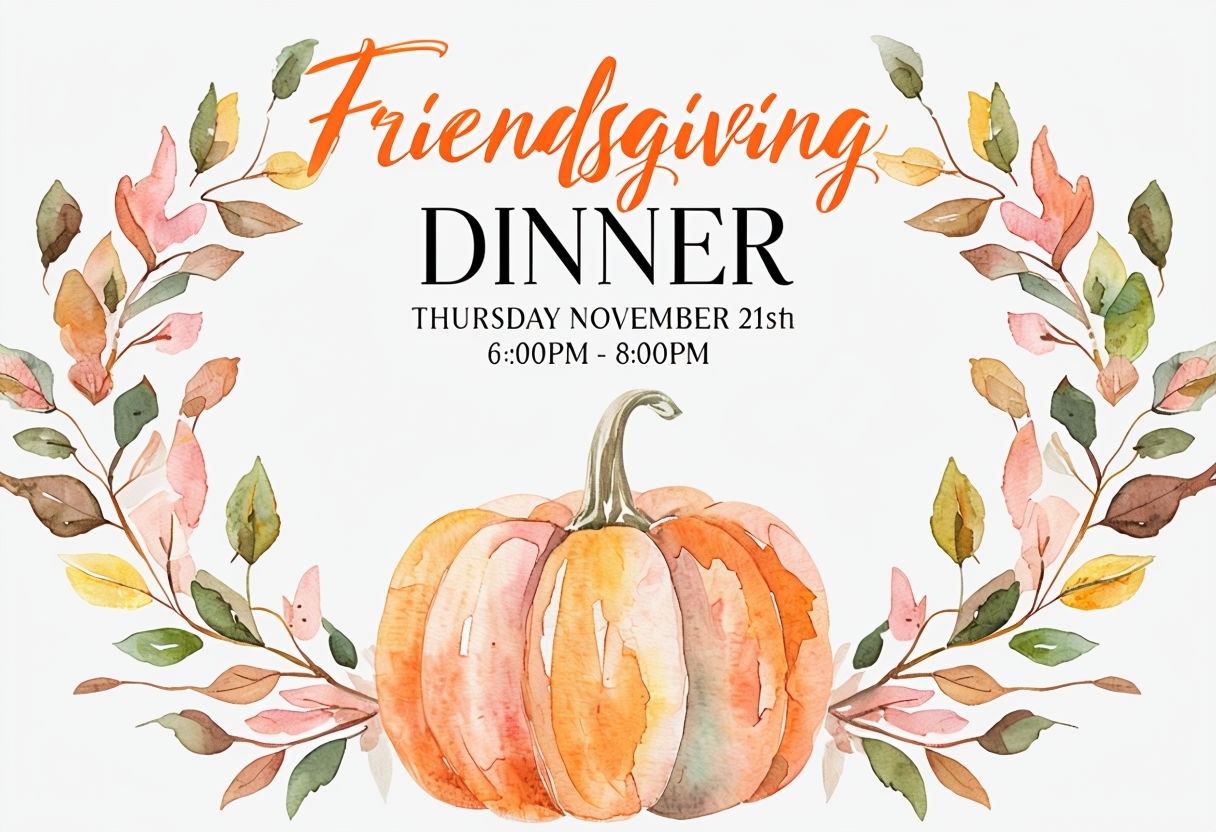 Elegant Friendsgiving Dinner Invitation with Watercolor Pumpkin Card