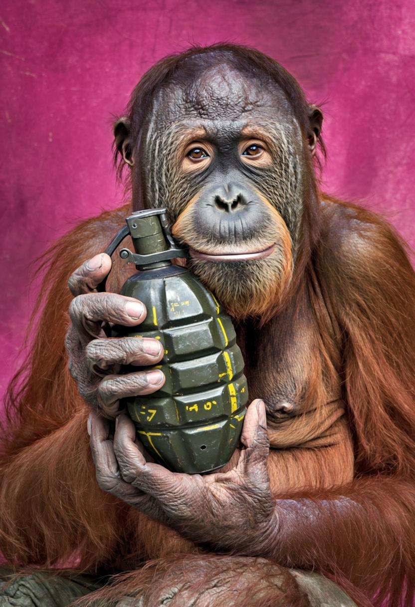 Thoughtful Orangutan Holding Hand Grenade in Vibrant Pop Art Portrait Art