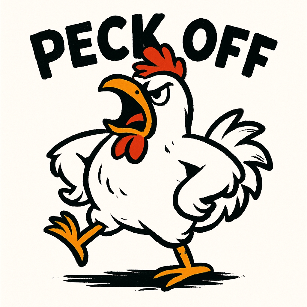 Angry Rooster Cartoon with Peck Off Text Illustration Mug