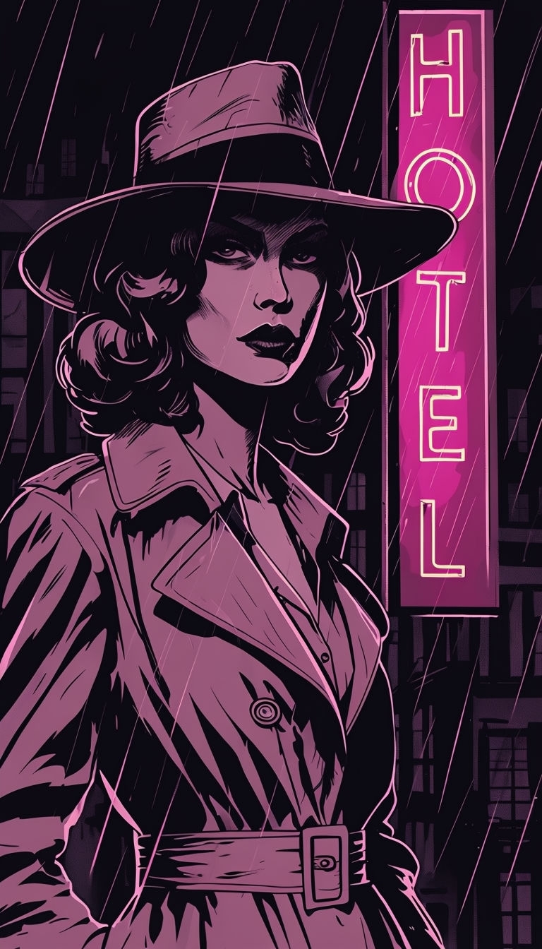 Mysterious Noir Woman with Neon Hotel Sign Illustration Art