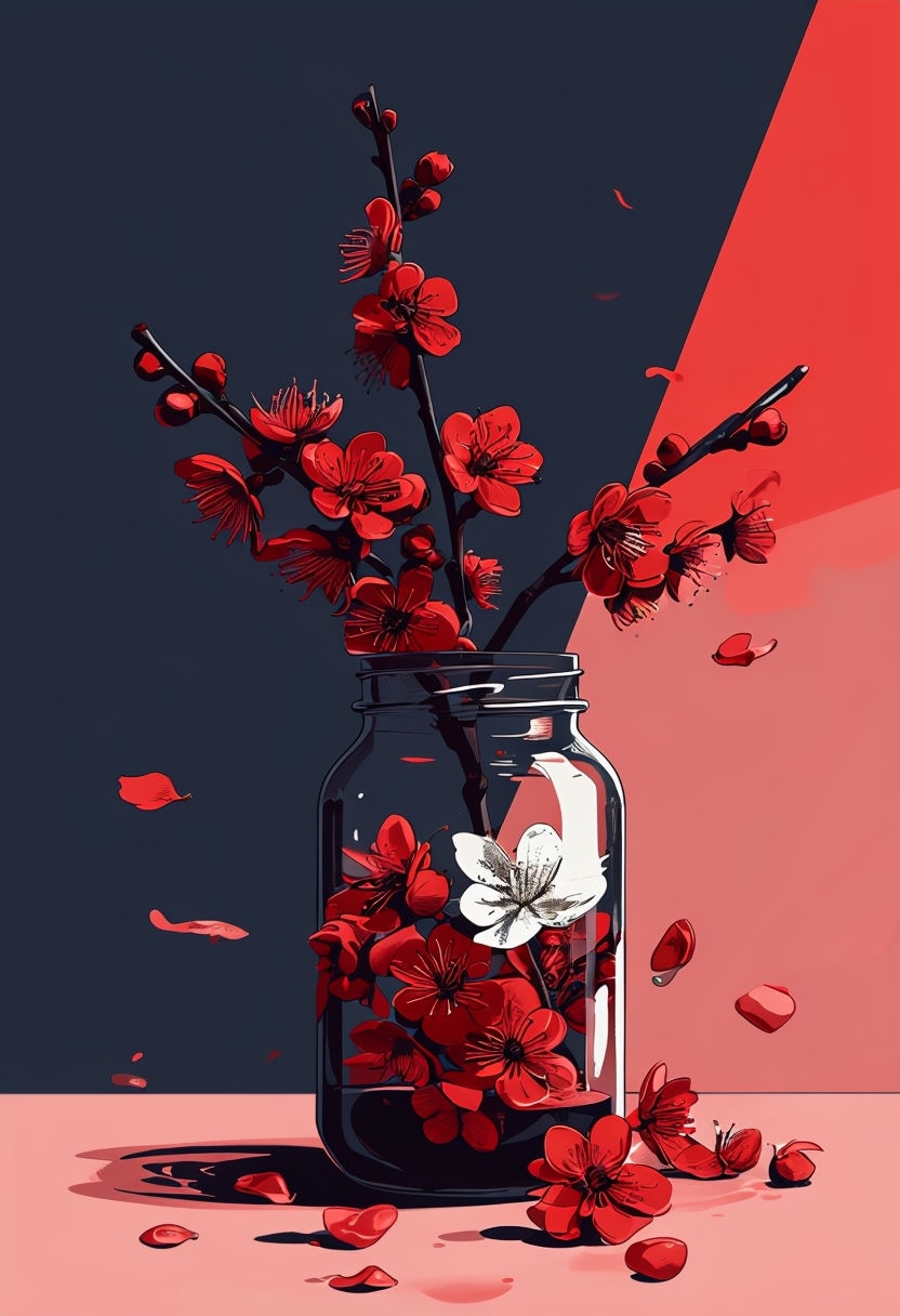 Cherry Blossoms in Glass Jar Minimalist Art Illustration