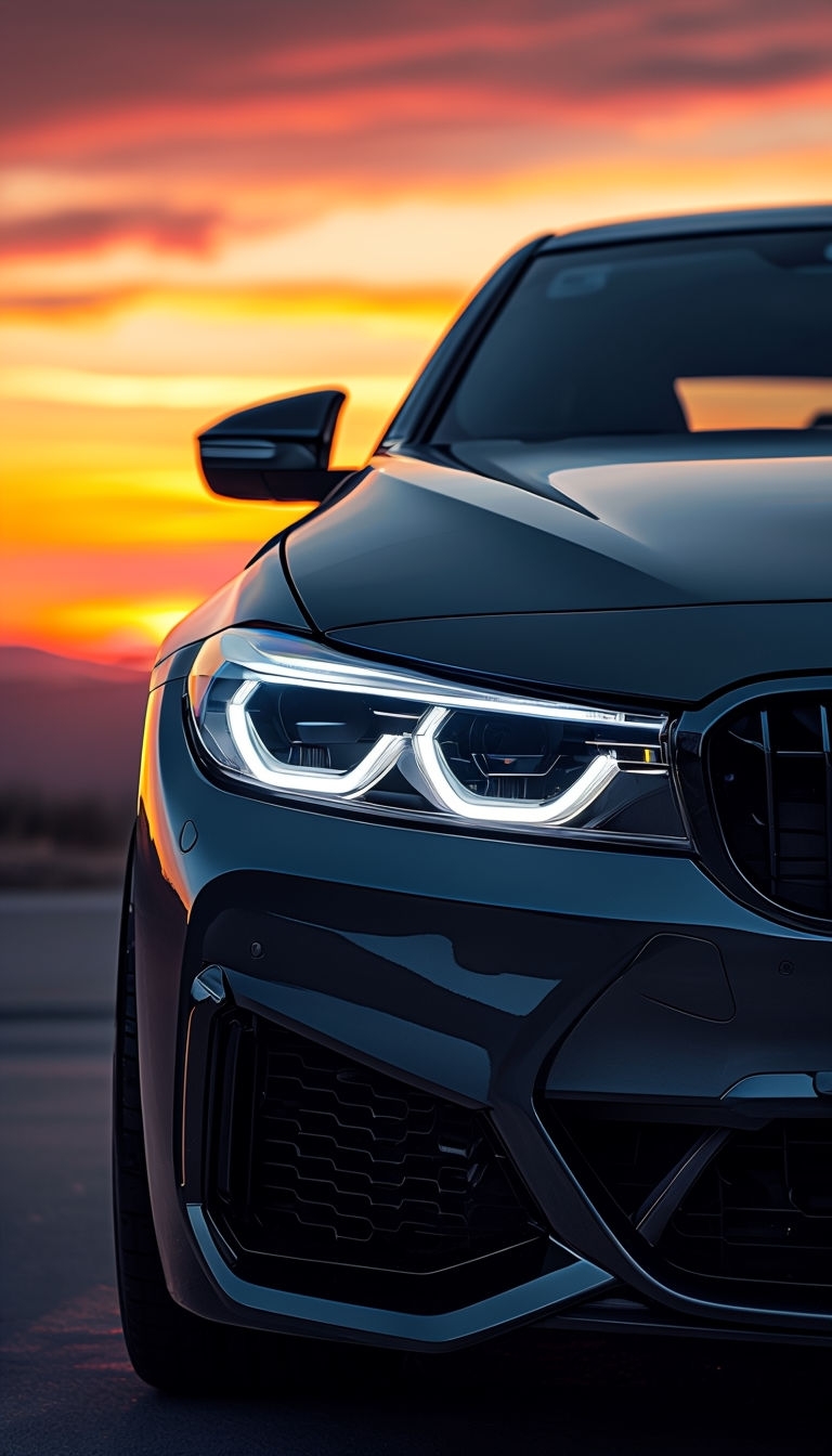 Sleek Black Car with LED Headlights and Sunset Reflection Mobile Wallpaper