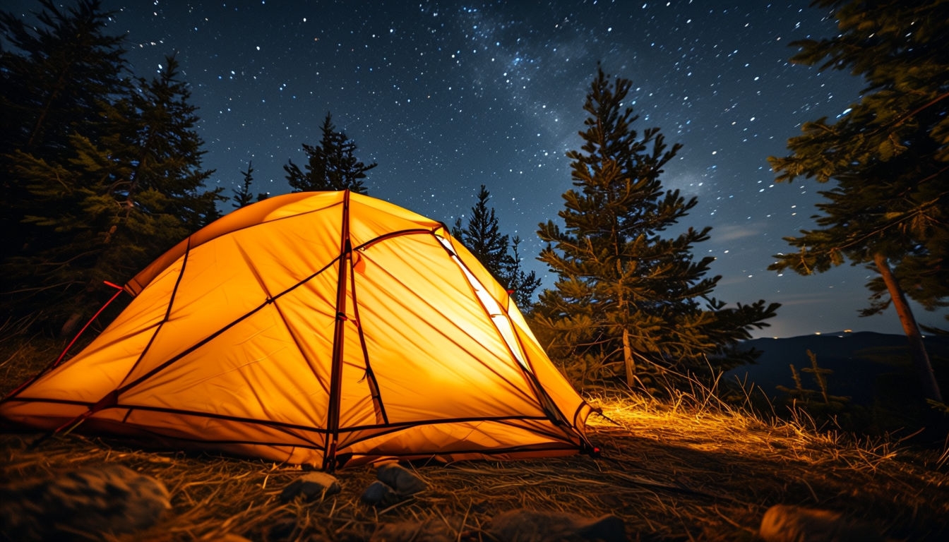 Serene Night Camping Scene with Illuminated Tent Virtual Background