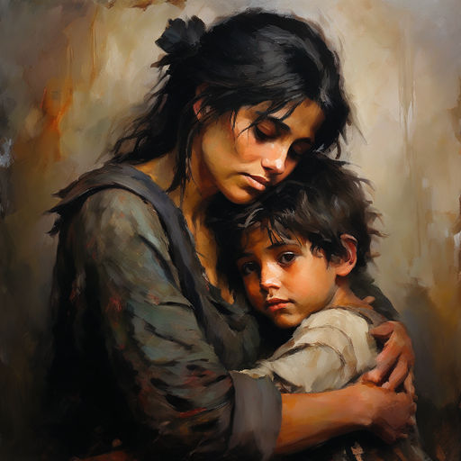 A beautiful sad gypsy woman hugging a little sad boy with bl... by ...