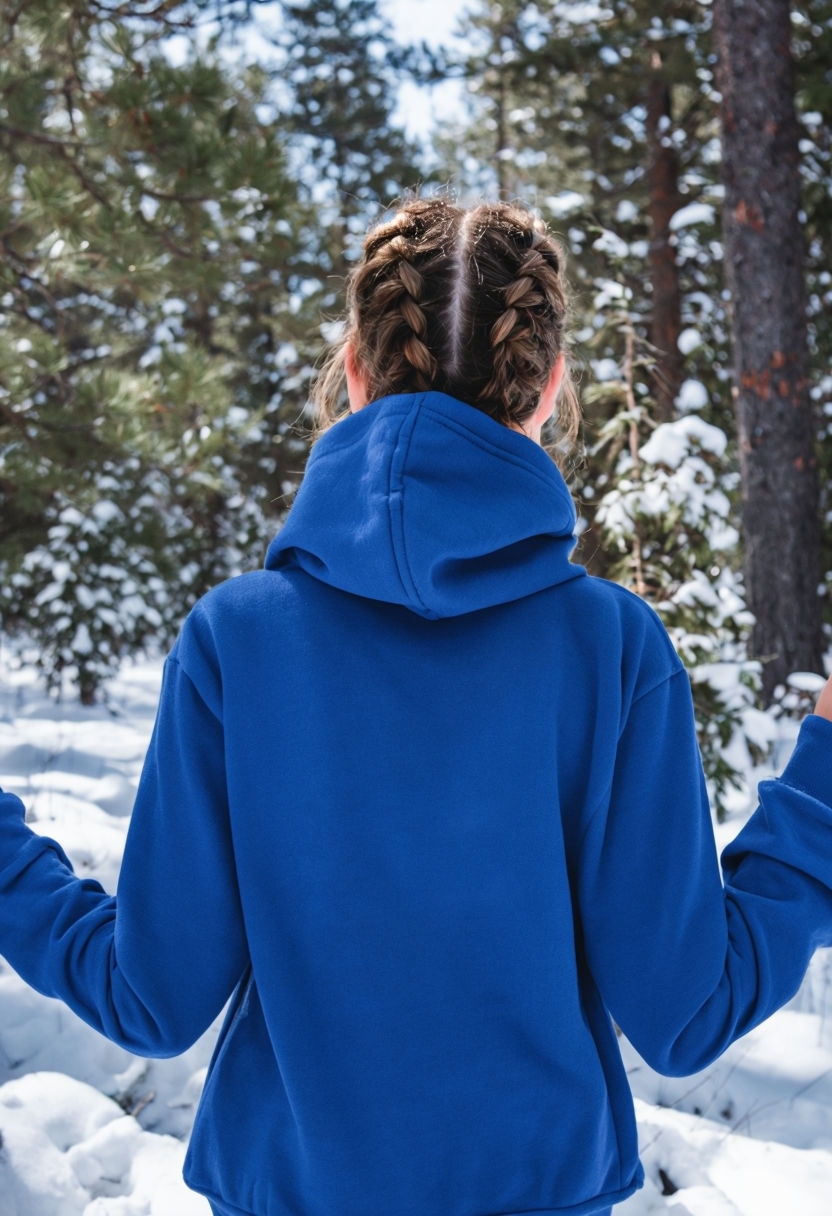 Royal Blue Hoodie in Snowy Forest Casual Scene Mockup