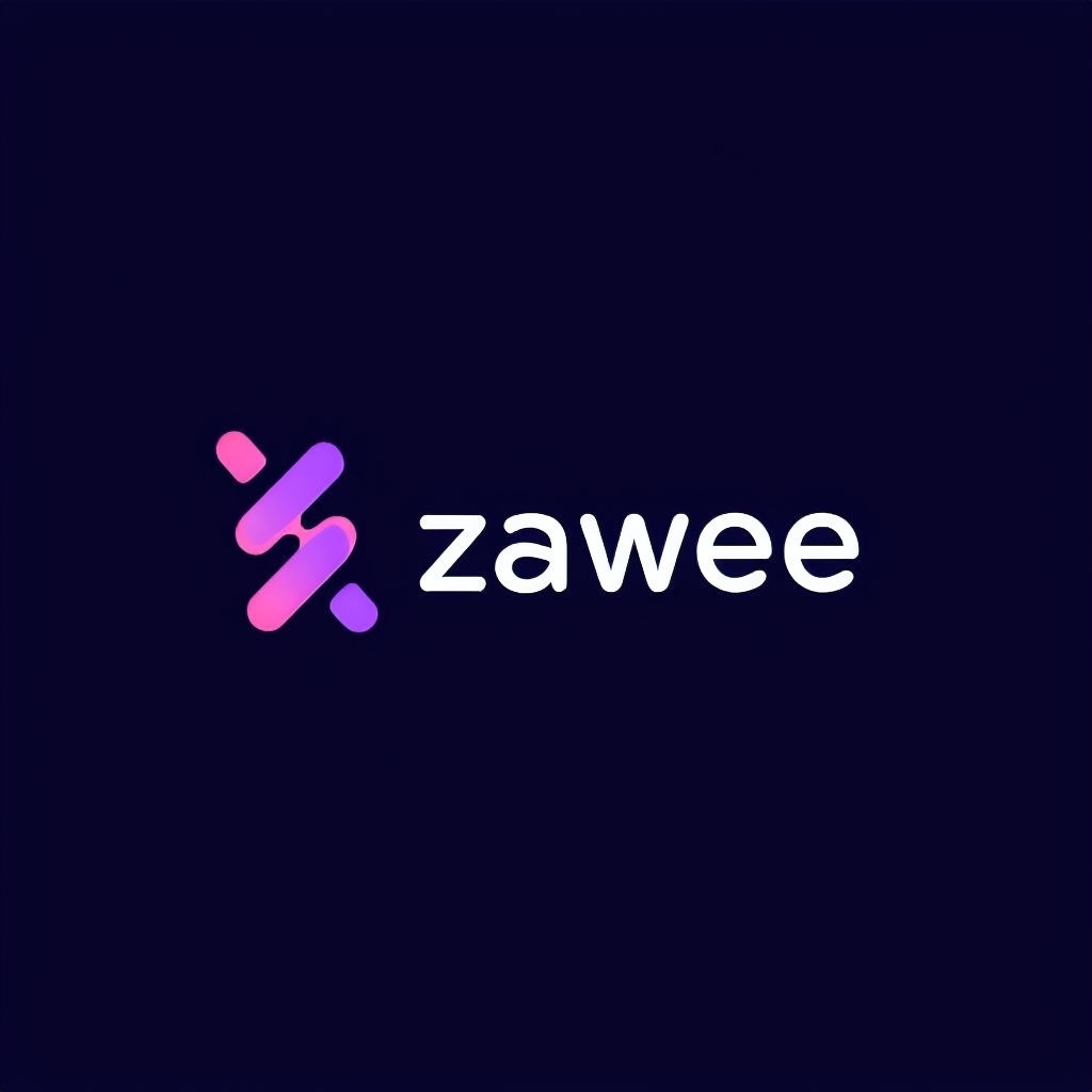 Minimalist Navy Blue Zawee Logo with Dynamic Arrows Design Logo