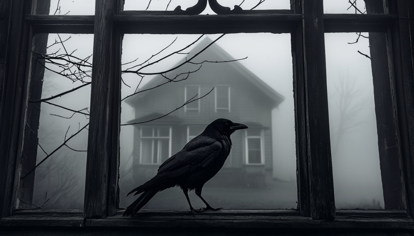 Gothic Crow Silhouette Against Old Window Frame Background