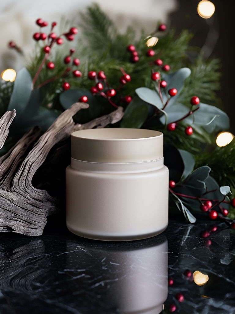 Elegant Beige Jar with Driftwood and Festive Bokeh Background Mockup