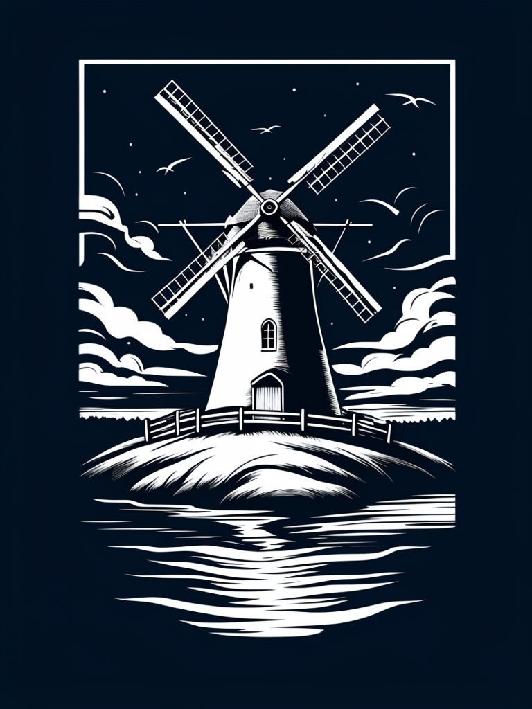 Elegant Black and White Windmill Illustration in Night Landscape Art