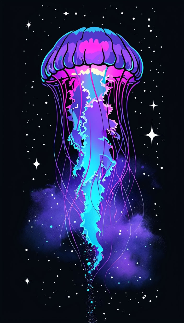 Majestic Cosmic Jellyfish Illustration in Deep Space Mobile Wallpaper