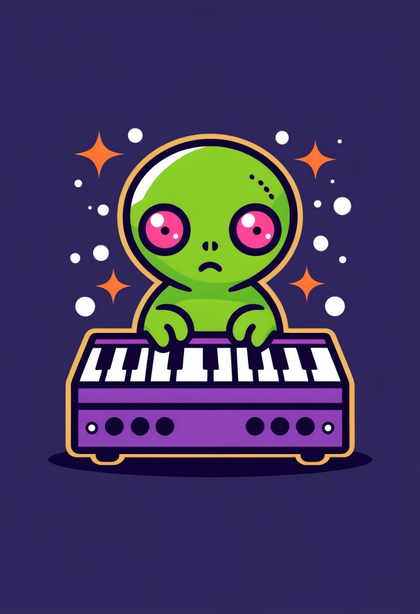 Quirky Alien Playing Synthesizer on Deep Space T-Shirt