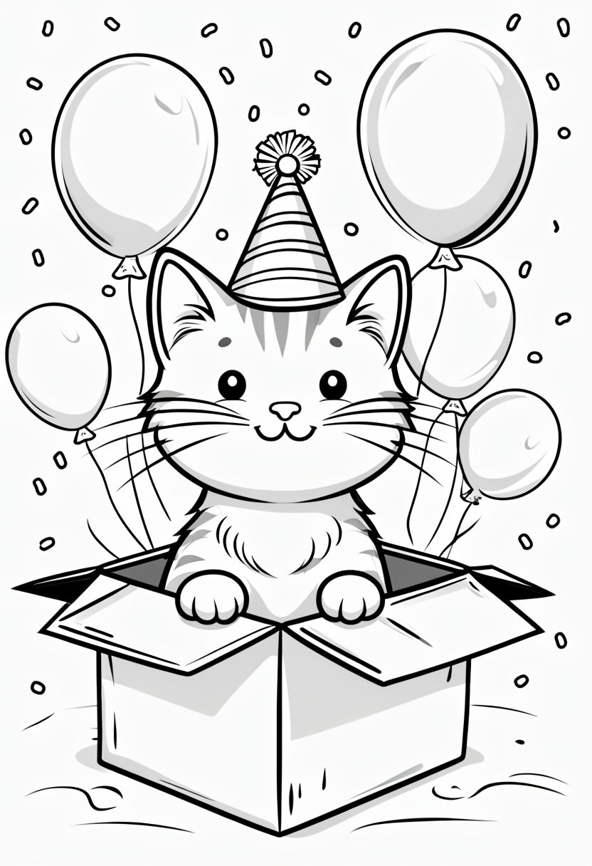 Cheerful Cartoon Cat in Box with Balloons Coloring Book Page