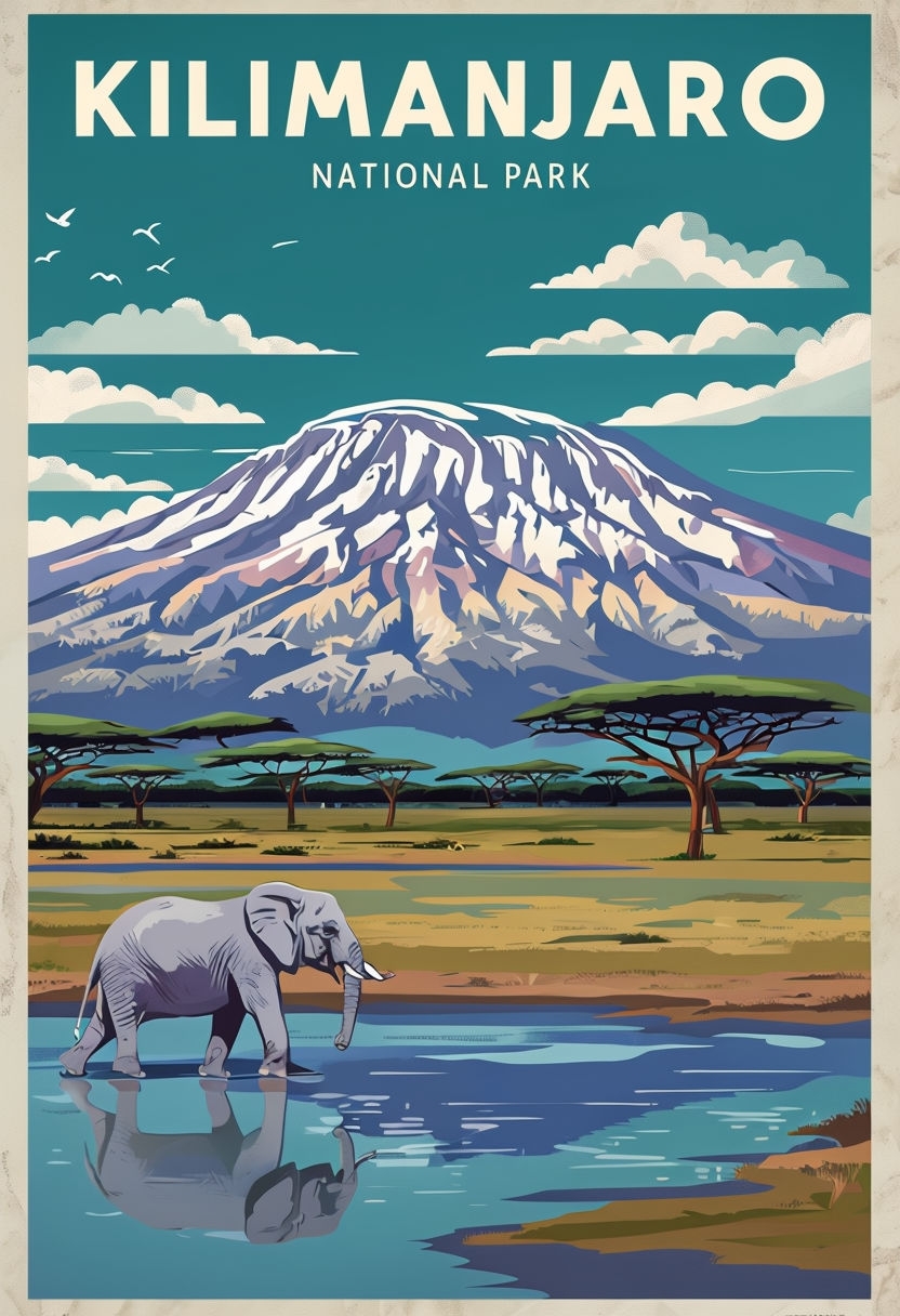 Vintage Kilimanjaro National Park Travel Illustration Poster