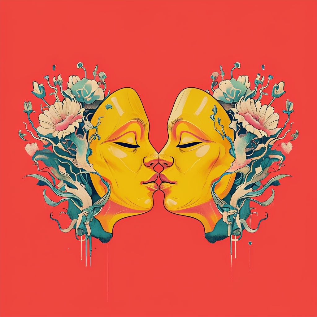Surreal Yellow Masks with Floral Patterns and Coral Background T-Shirt