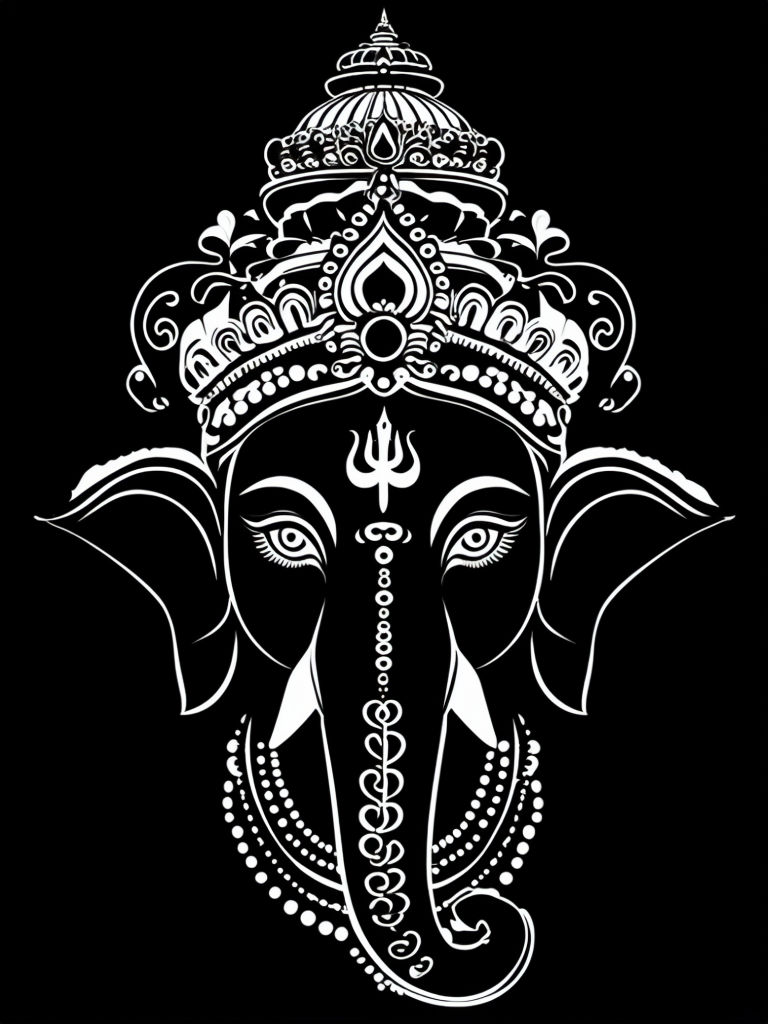 Elegant Black and White Lord Ganesha Line Drawing T-Shirt