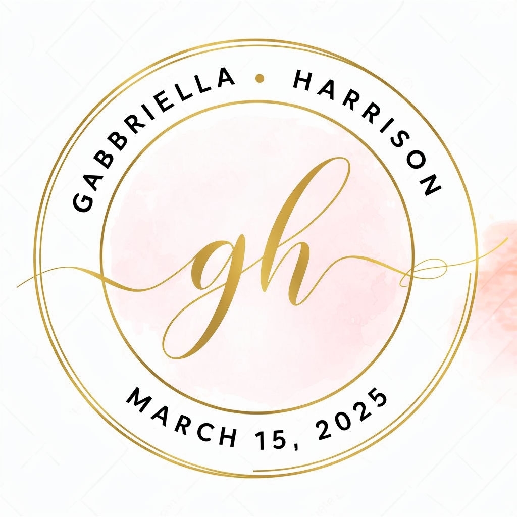 Elegant Gold 'gh' Monogram with Names and Date on Blush Background Monogram