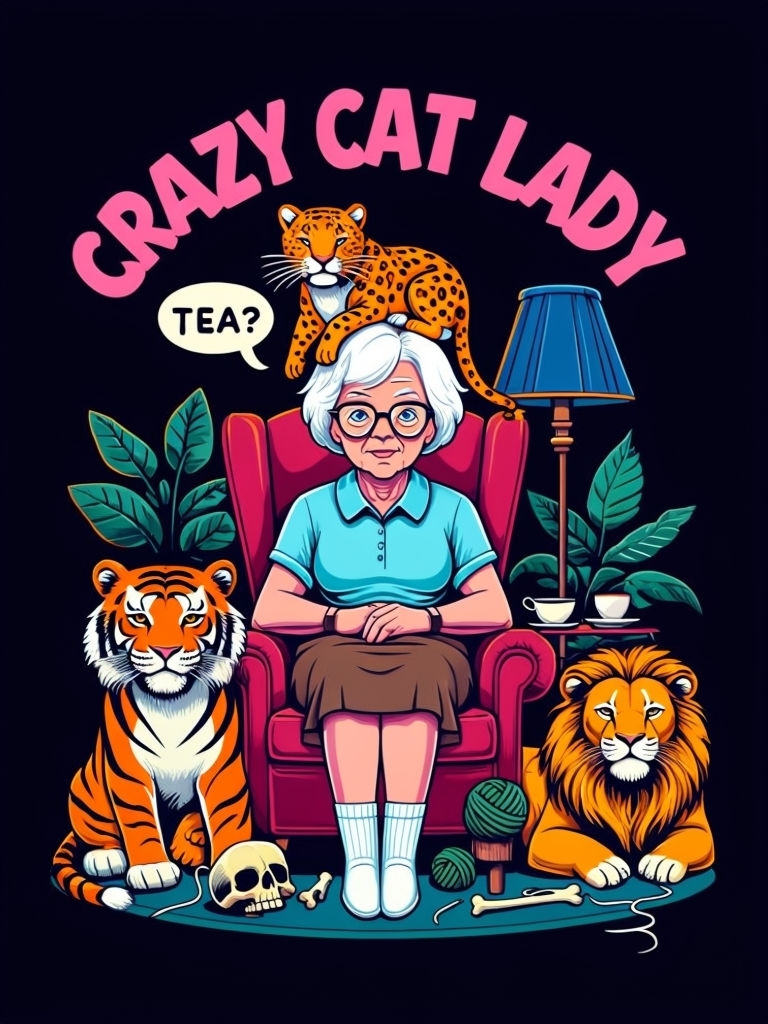 Whimsical Crazy Cat Lady Cartoon Illustration Poster