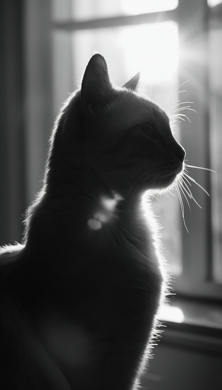 Dramatic Black and White Cat Silhouette in Sunlight Mobile Wallpaper