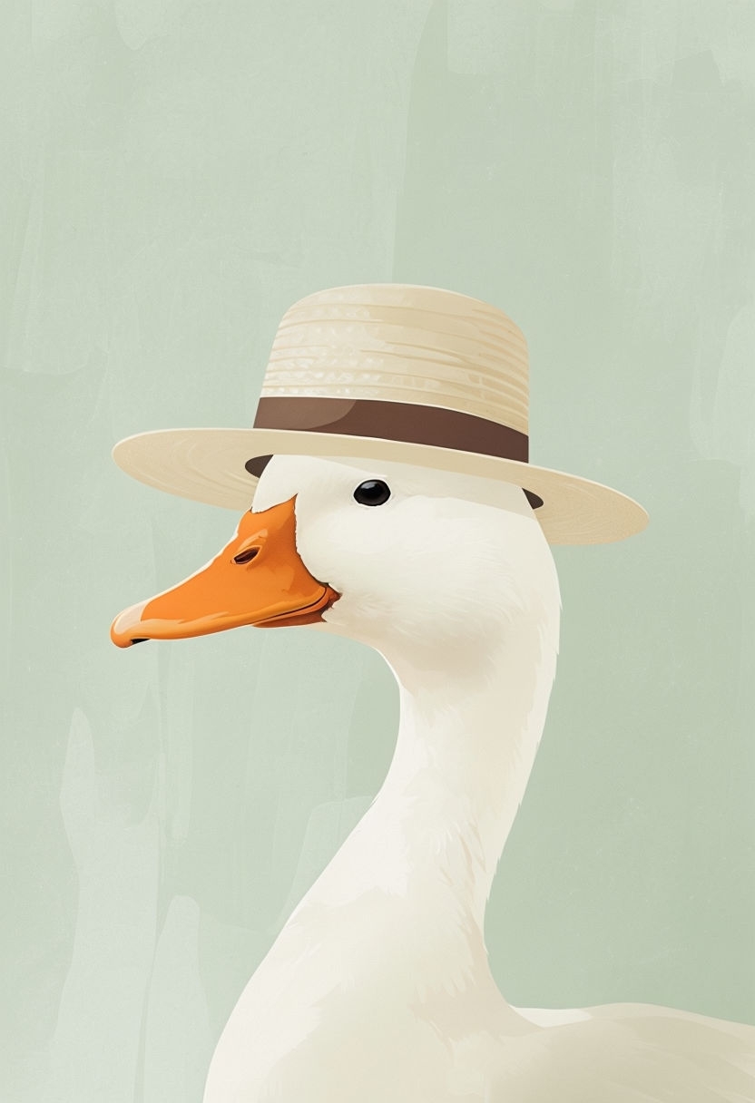 Whimsical White Duck in Straw Hat Minimalist Art Illustration