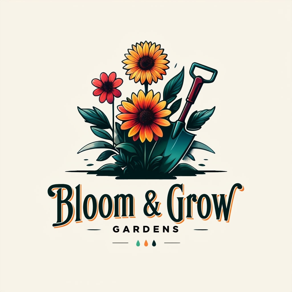 Vibrant Garden Tools and Floral Logo Design for Bloom & Grow Logo