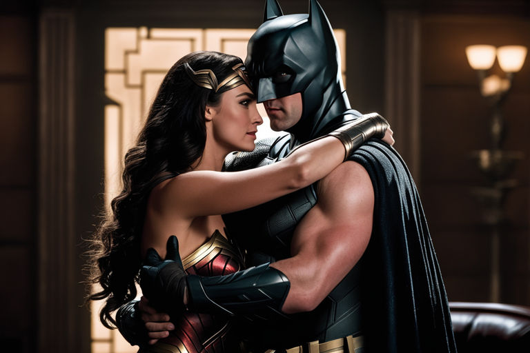 Batman and Wonder Woman hugging each other in the Justice Le... by ...