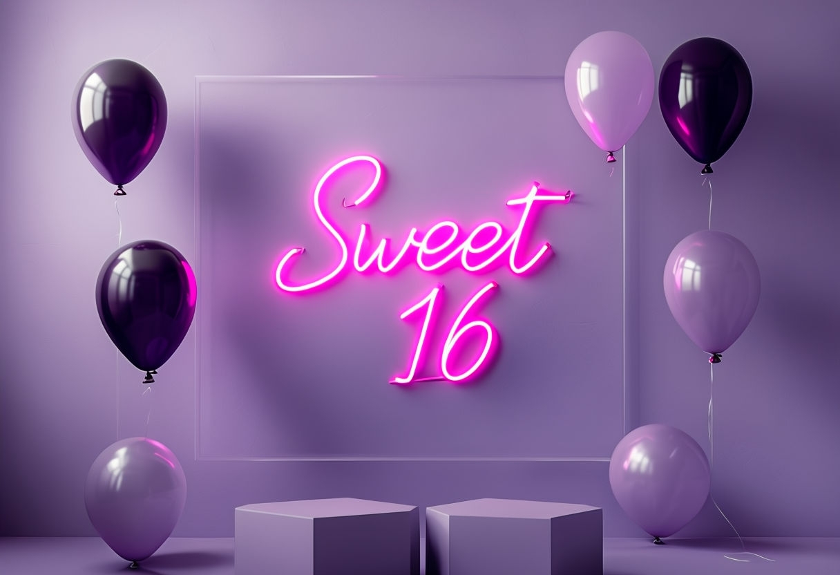 Modern Sweet 16 Birthday Neon Sign and Balloon Decor Image for Card Invites