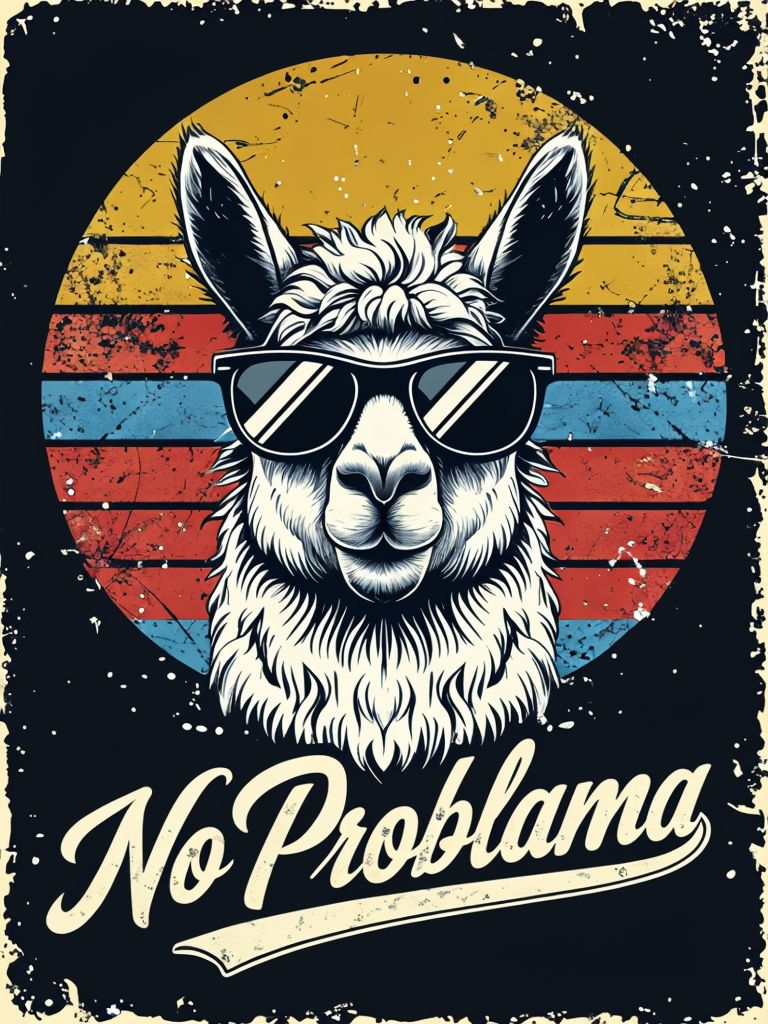 Cool Vintage Llama with Sunglasses and Sunset Background Poster