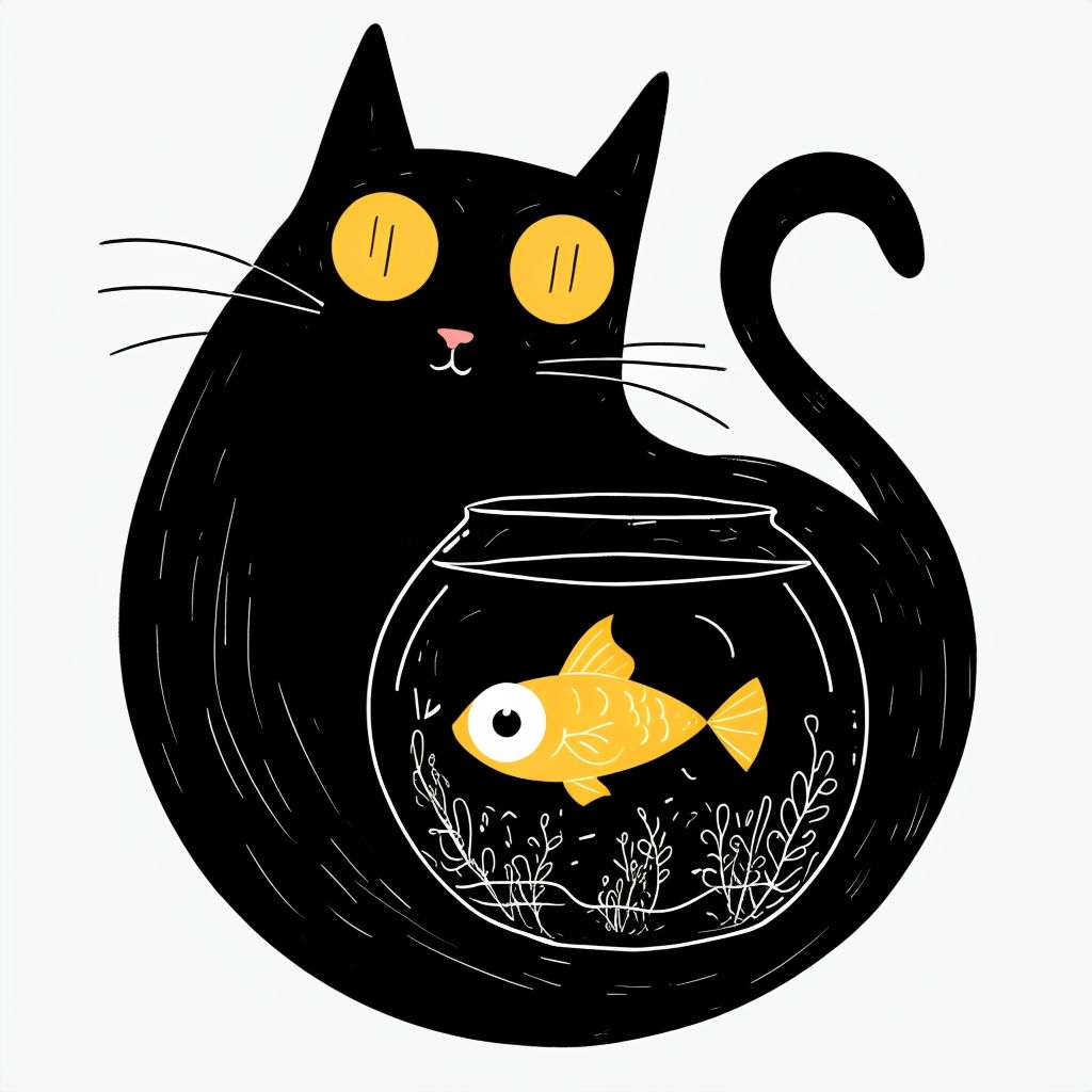 Whimsical Cartoon Black Cat and Goldfish Illustration Mug