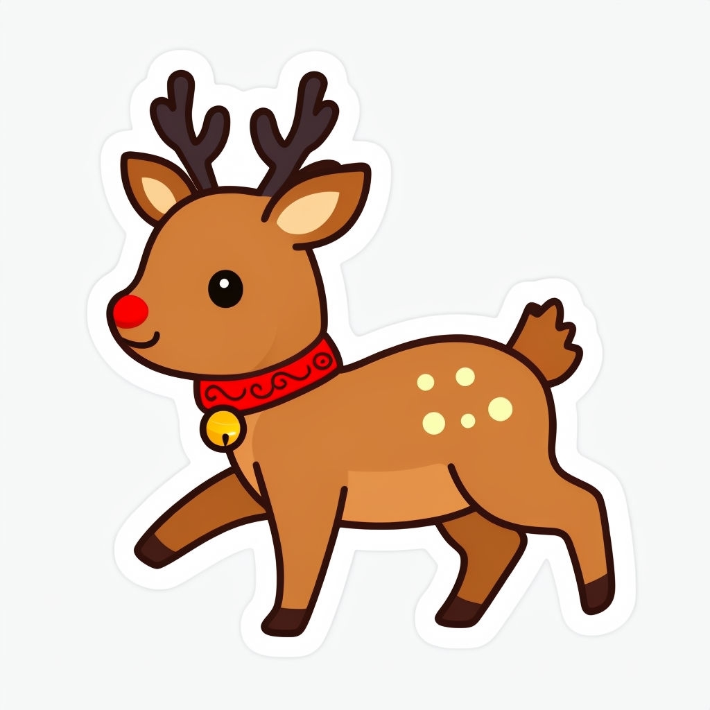 Cute Cartoon Reindeer with Red Collar and Smiling Face Sticker