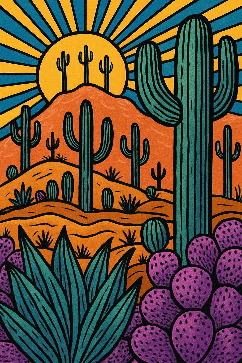 Vibrant Abstract Desert Cacti Landscape Art T-Shirt