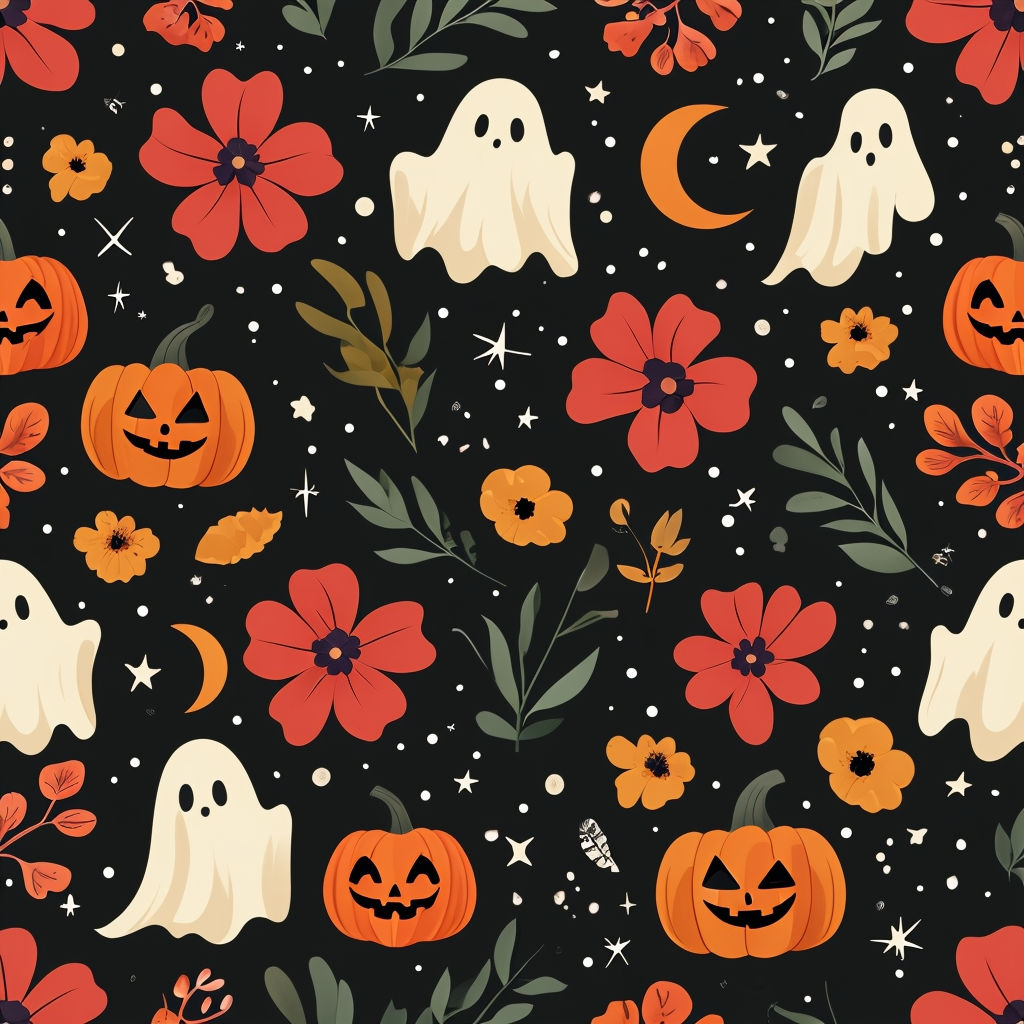 Whimsical Halloween Seamless Pattern with Ghosts, Pumpkins, and Flowers