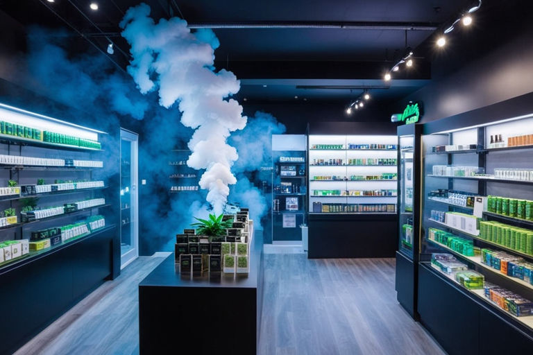 vapes and cannabis buds inside a e-cigarette store