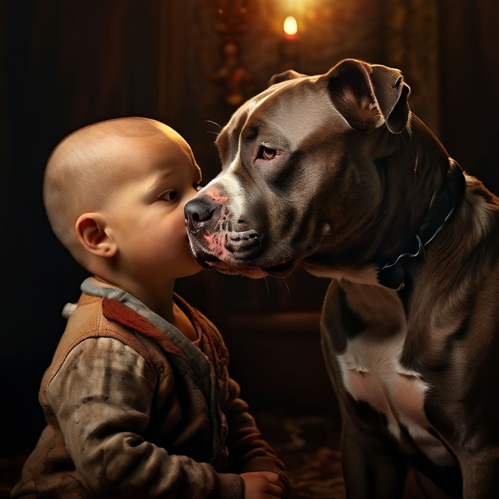 Pit bull terrier kisses a child. by KENT 68 - Playground