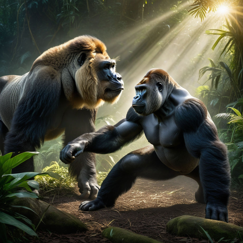 Gorilla locked in a tense standoff with a lion by きむらたかし Playground