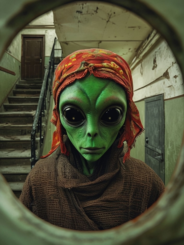 Surreal Alien Figure Peephole Photograph in Eerie Setting Art