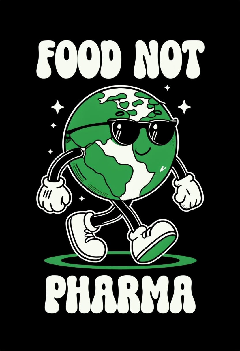 Cheerful Cartoon Earth Character with Food Not Pharma T-Shirt