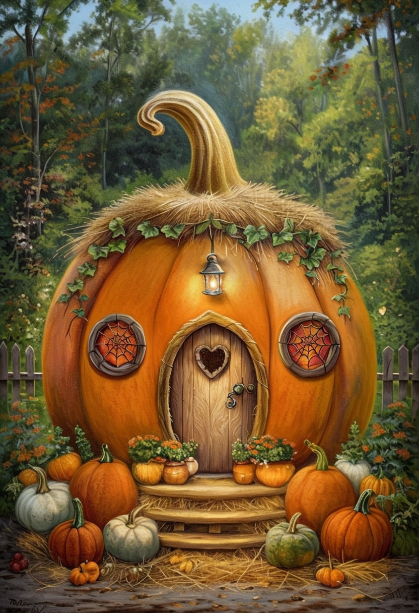 Whimsical Pumpkin House Illustration for Autumn Art Poster