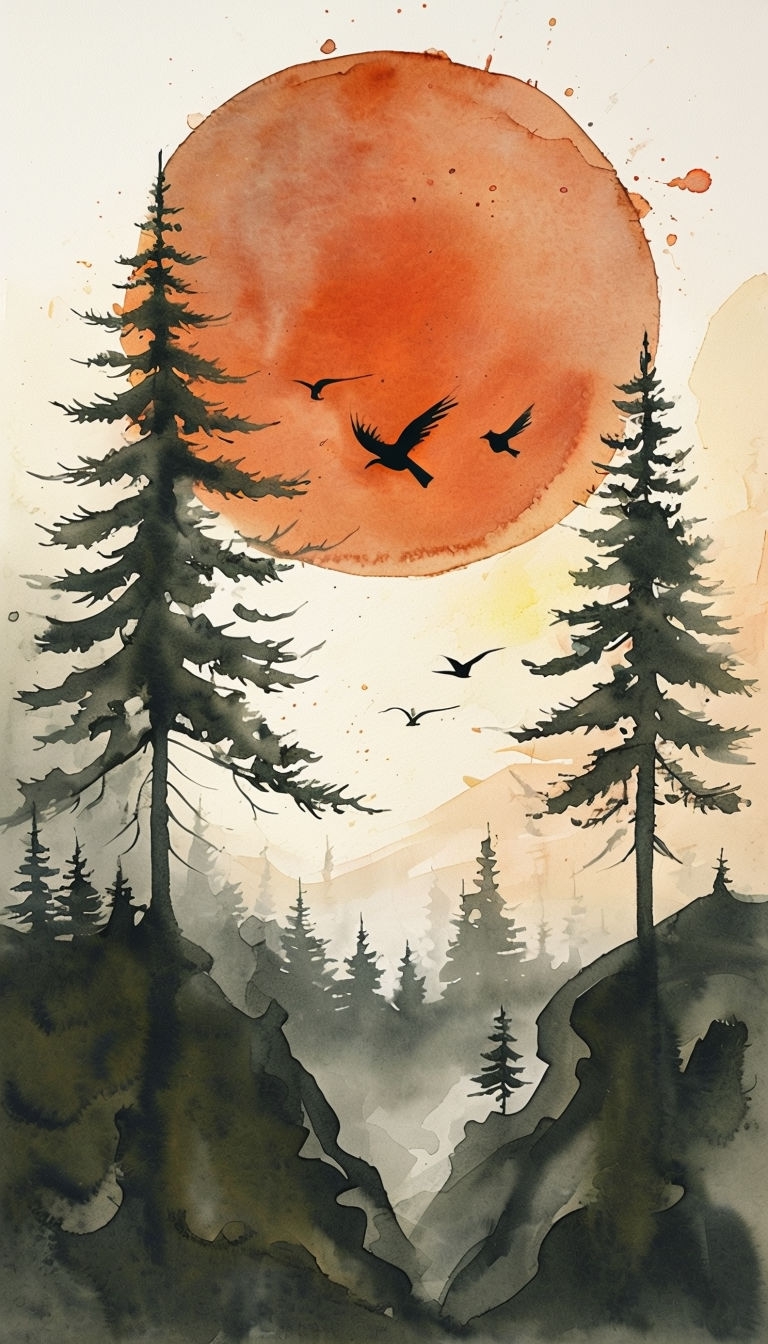 Serene Watercolor Forest Landscape at Sunset Mobile Wallpaper