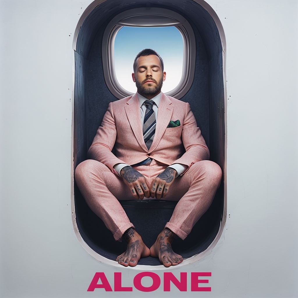 Serene Man in Pink Suit Inside Airplane Window Photo Cover for Spotify Album Cover